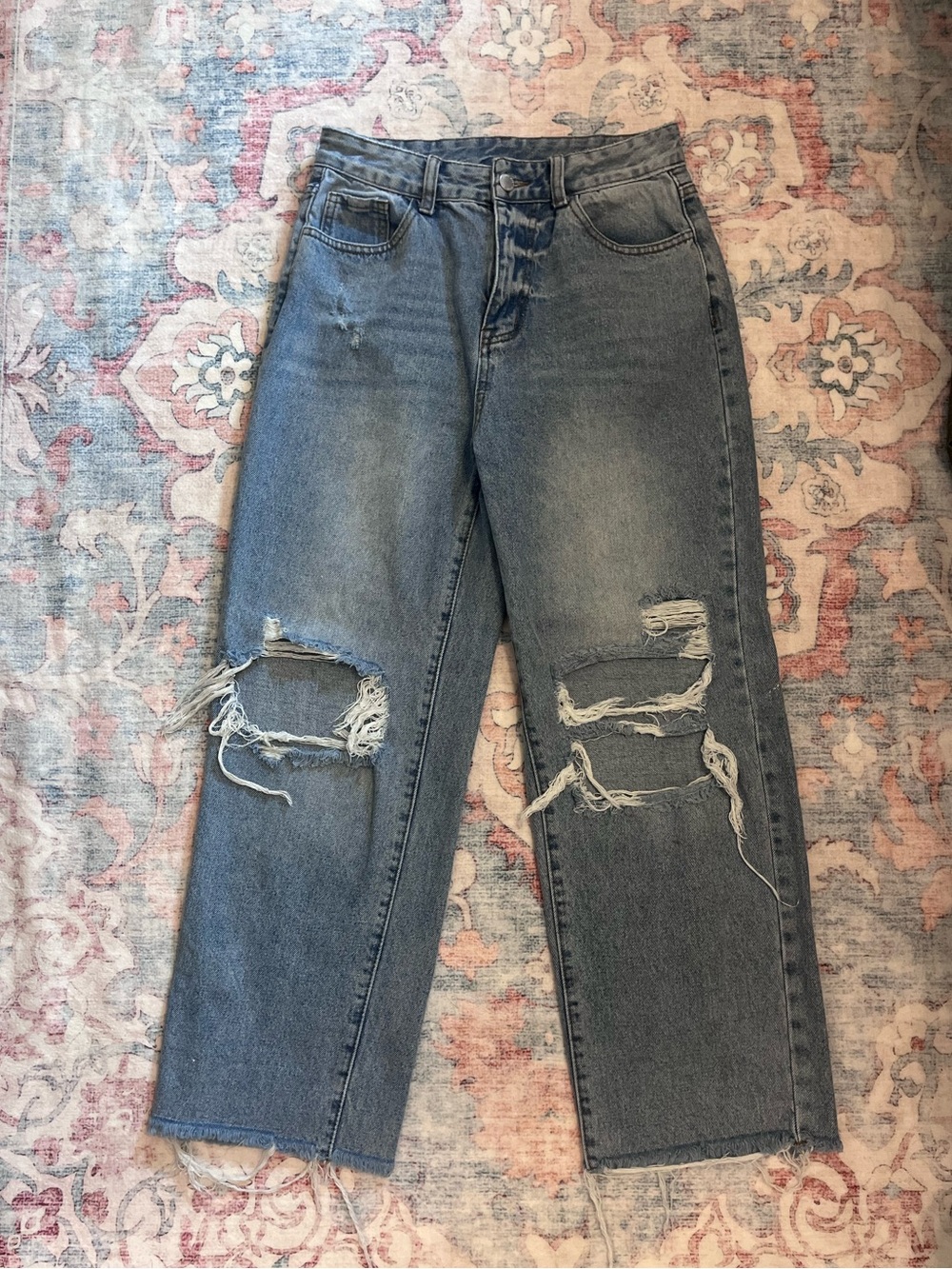 SHEIN Distressed High-Waist Straight Leg Jeans - Washed Blue